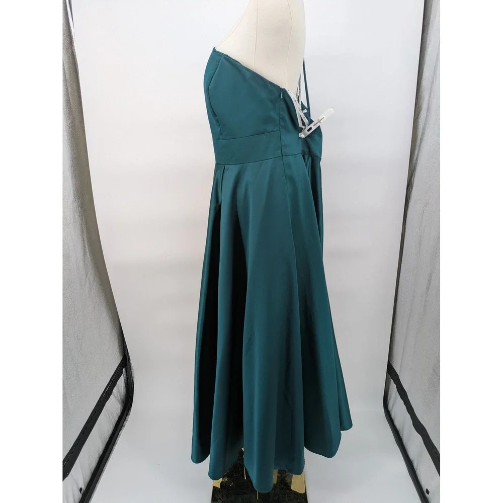 Jules & Cleo Dress Women 20 Emerald Green One Shoulder Rhinestone Satin Gown - Picture 15 of 16